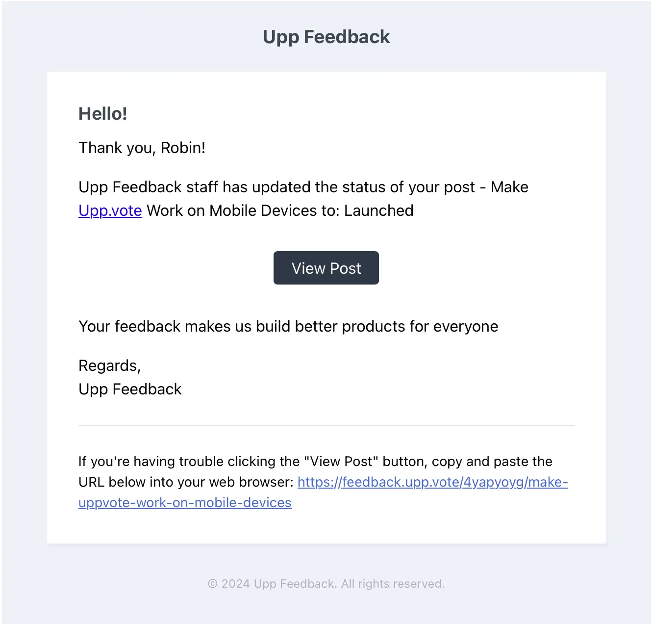 Email Notification on Feedback Post Status Change